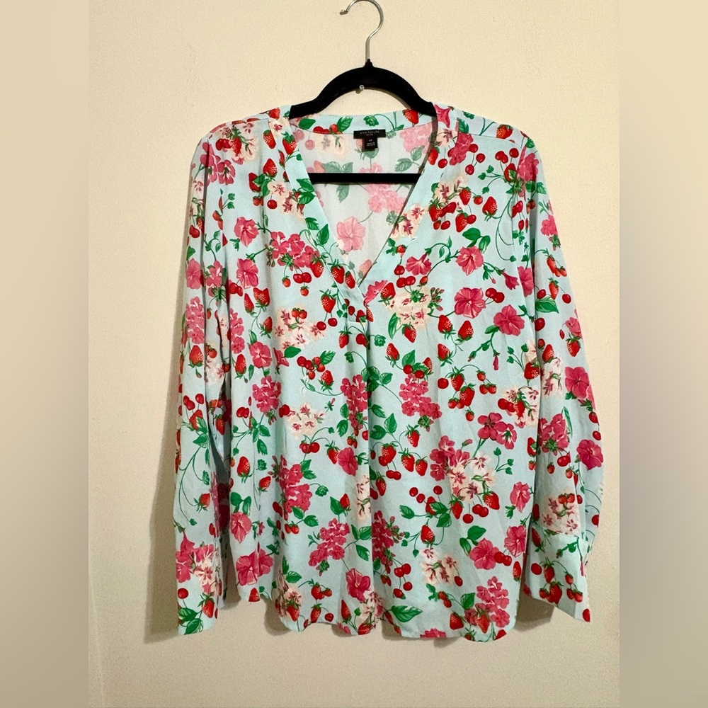 Ann Taylor Floral V-Neck Blouse - Pink and Green